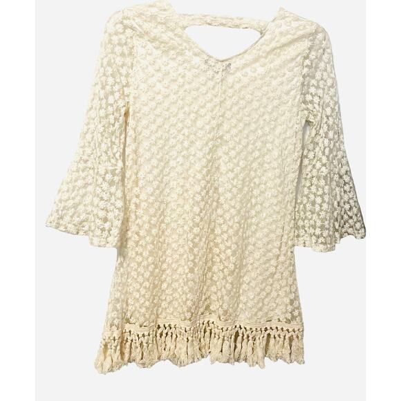 SASSYBLING EMBROIDERED A-LINE MIDI DRESS, JUNIOR, L, IVORY, TASSELS, BELL SLEEVE - Picture 4 of 9